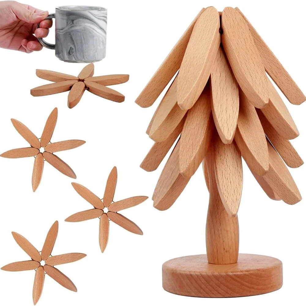Foldable Heat Resistant Pads Kitchen Table Wooden Tree Shape Trivets Gift Sets(A